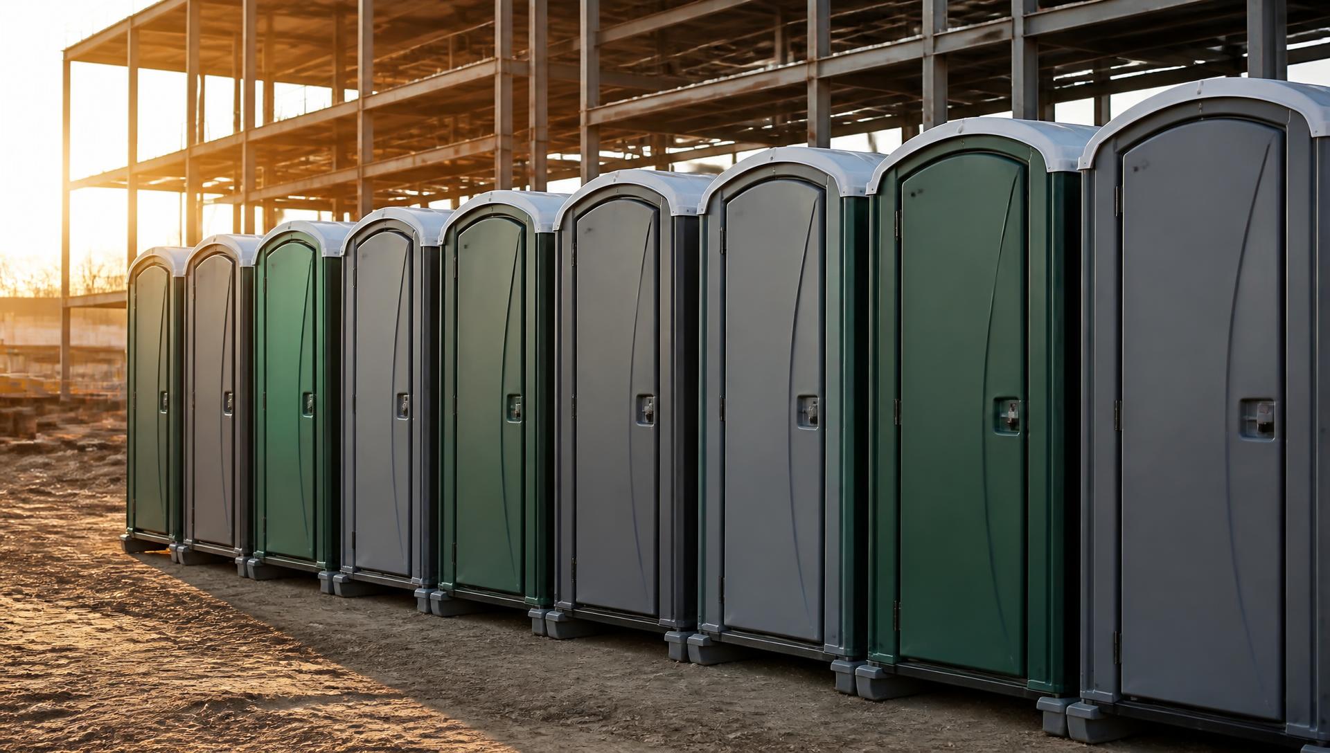 Row of clean portable toilets at a construction site at sunset